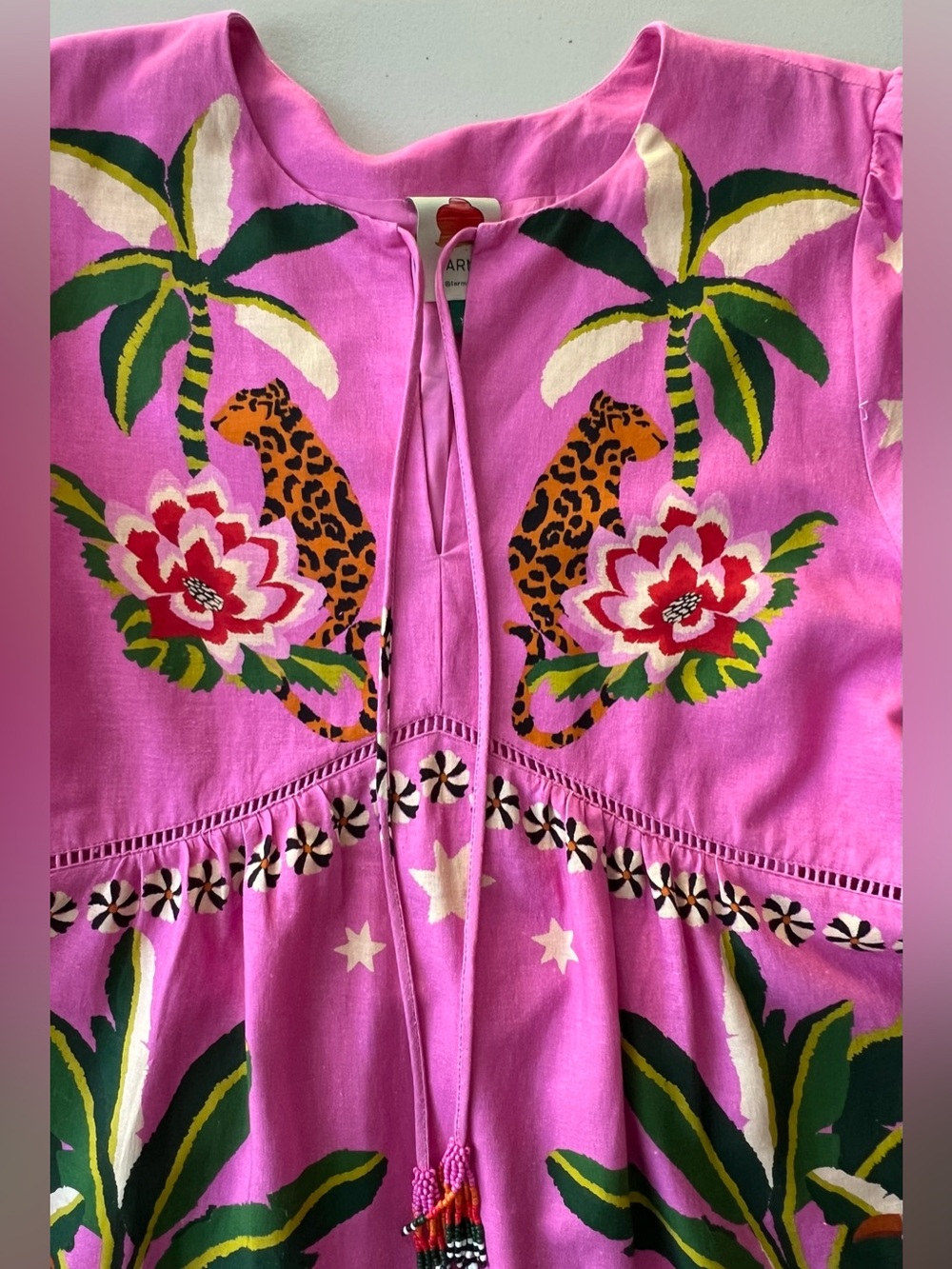Farm Rio Leopard Forest Mini Dress XL Pink Linen Blend Tropical - Picture 7 of 16